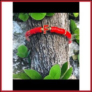 Red Beaded Bracelet with Gold Accents and -  F - initial ( NEW )